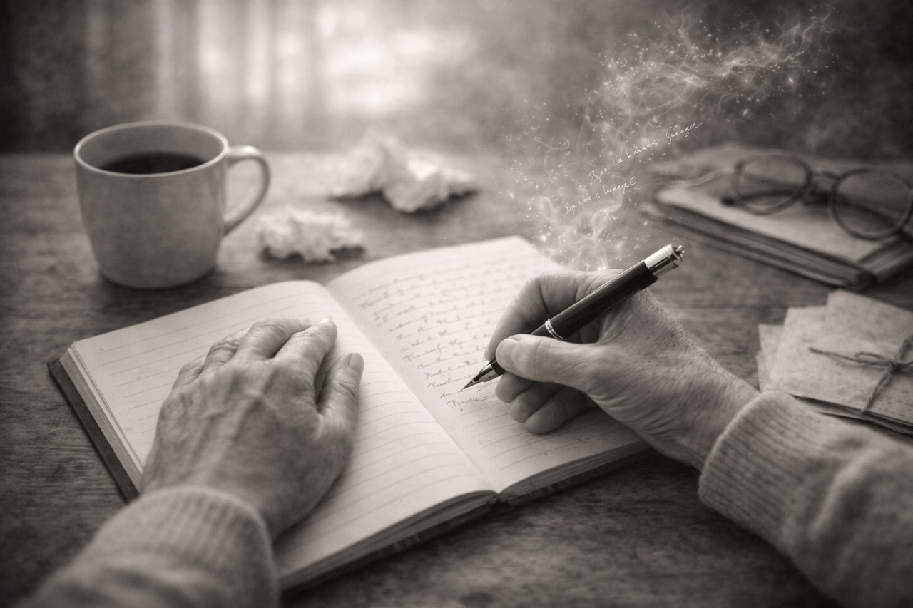 Ecriture de soi : main écrivant, mots qui s'élèvent du carnet