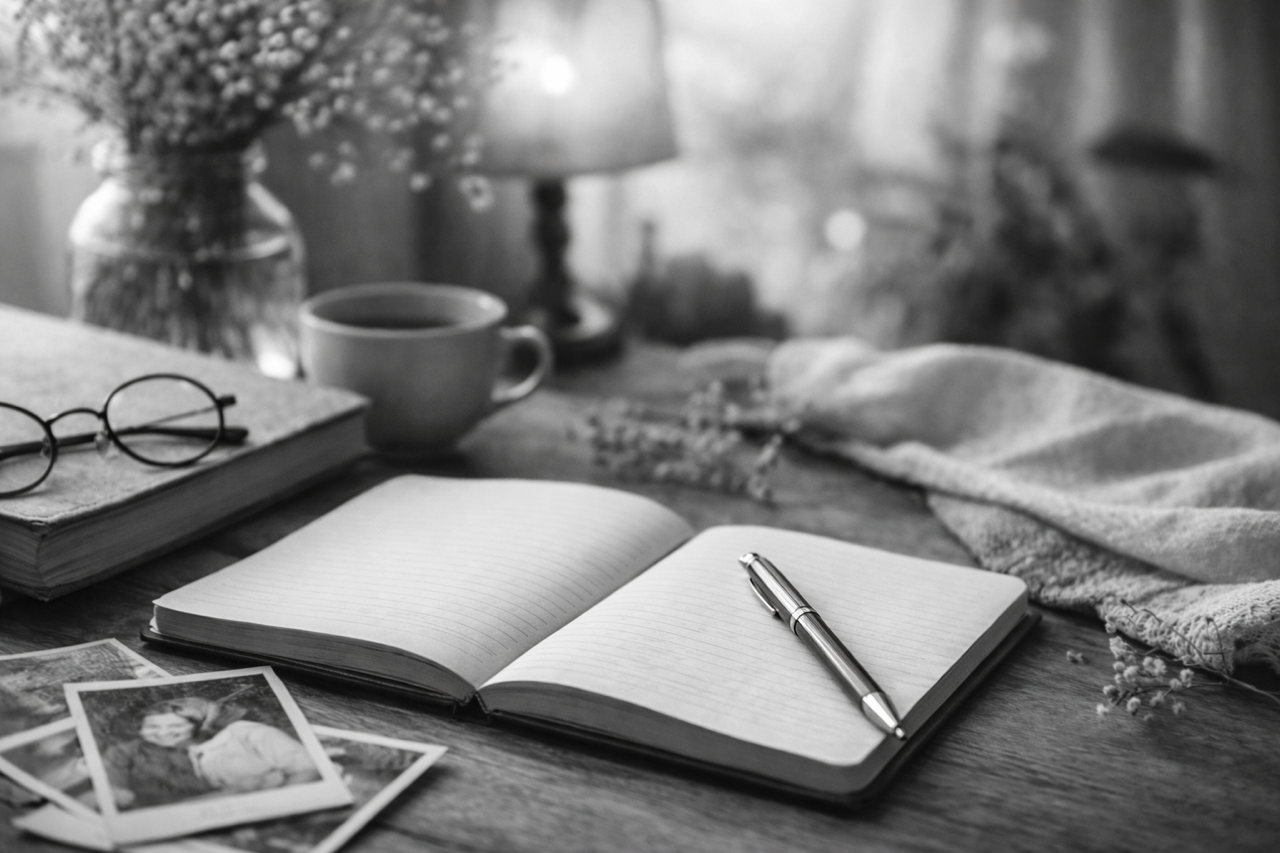 Carnet d'écriture et photos anciennes en noir et blanc - biographie familiale et récit de vie